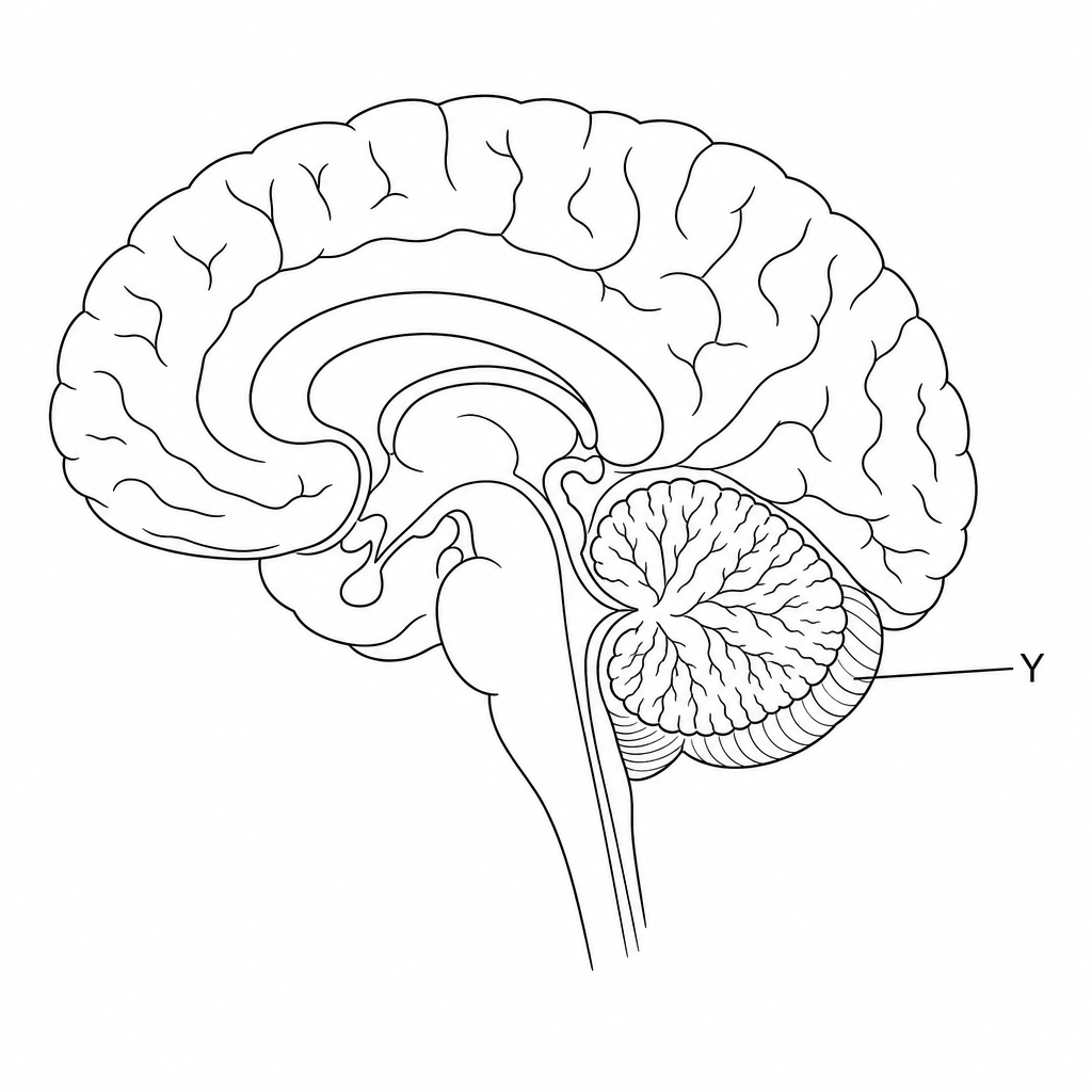 A sagittal cross-section diagram of the human brain, facing left. A label 'Y' with a pointer line indicates the rounded, highly folded structure at the back of the brain, situated below the larger cerebral hemispheres.