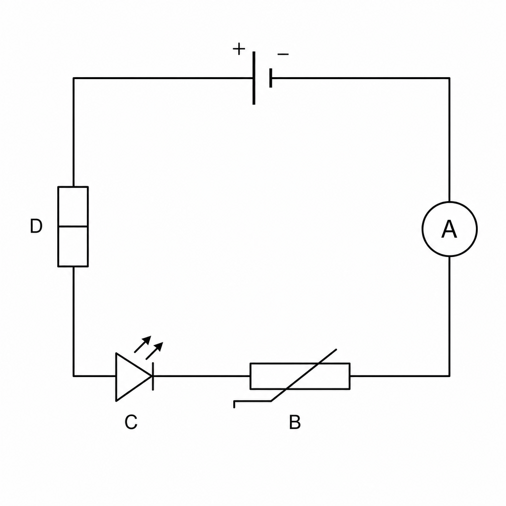 A circuit diagram of a simple series loop containing a battery at the top. Moving clockwise: on the right side is Component A, shown as a circle with the capital letter 'A' inside; on the bottom side is Component B, shown as a rectangle with a diagonal line running through it that has a flat horizontal step at the bottom-left end; at the bottom-left corner is Component C, shown as a standard diode symbol (a triangle pointing left-to-right to a vertical line) with two small parallel arrows pointing outwards and upwards away from it; on the left side is Component D, shown as a rectangular box with a single continuous straight horizontal wire line passing directly through the middle from one end to the other.