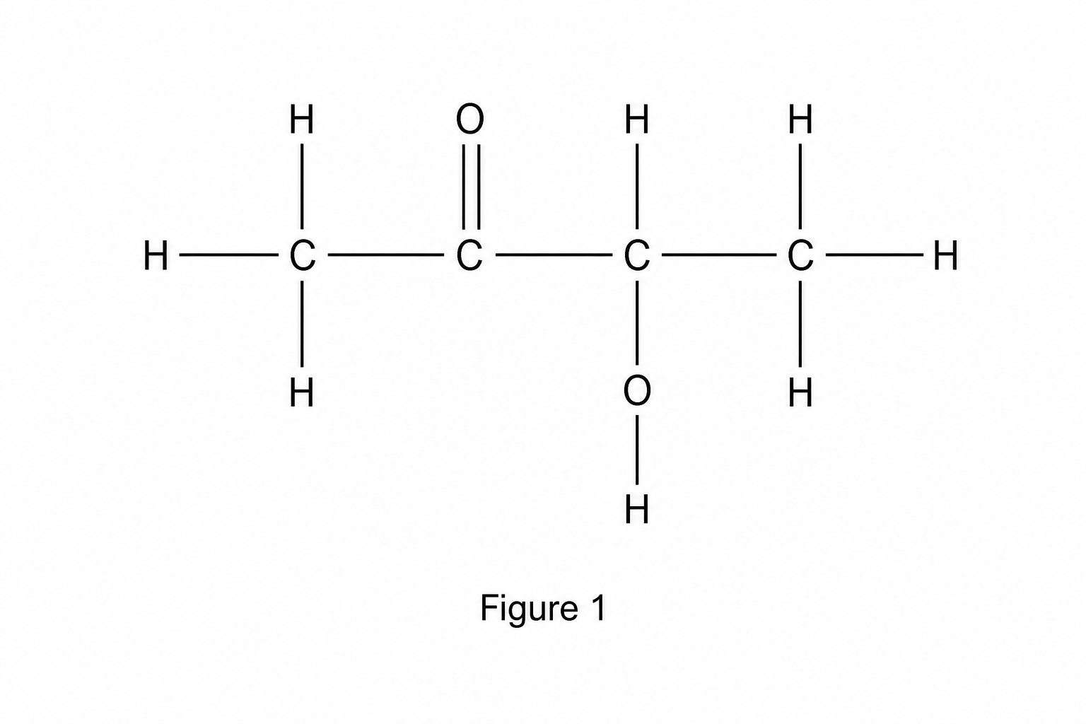A molecular diagram of compound T consisting of a chain of four carbon atoms. The first carbon atom on the left is bonded to three hydrogen atoms. The second carbon atom is double-bonded to an oxygen atom. The third carbon atom is single-bonded to one hydrogen atom and also single-bonded to an oxygen-hydrogen (—OH) group. The fourth carbon atom on the right is bonded to three hydrogen atoms.