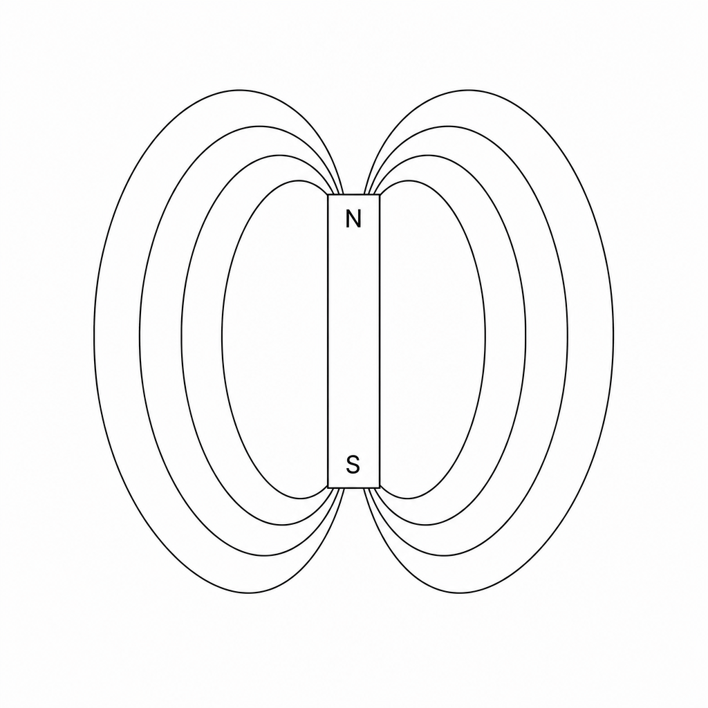 A diagram of a vertically aligned bar magnet with its North (N) pole at the top and South (S) pole at the bottom. Several curved magnetic field lines are shown looping from the North pole at the top to the South pole at the bottom on both the left and right sides of the magnet. There are no direction indicators on the lines.