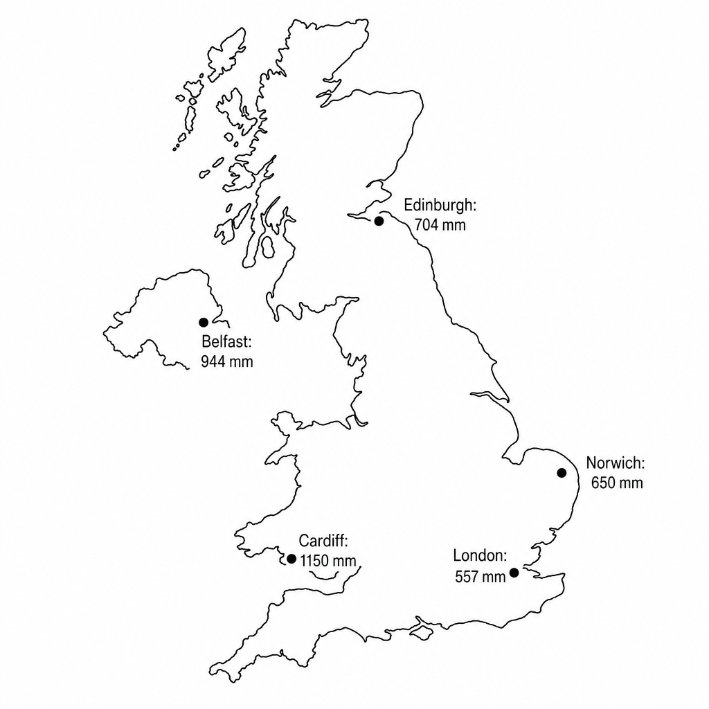 Fig. 4: A simplified map of the UK showing average annual rainfall (in millimetres, mm) for selected cities.