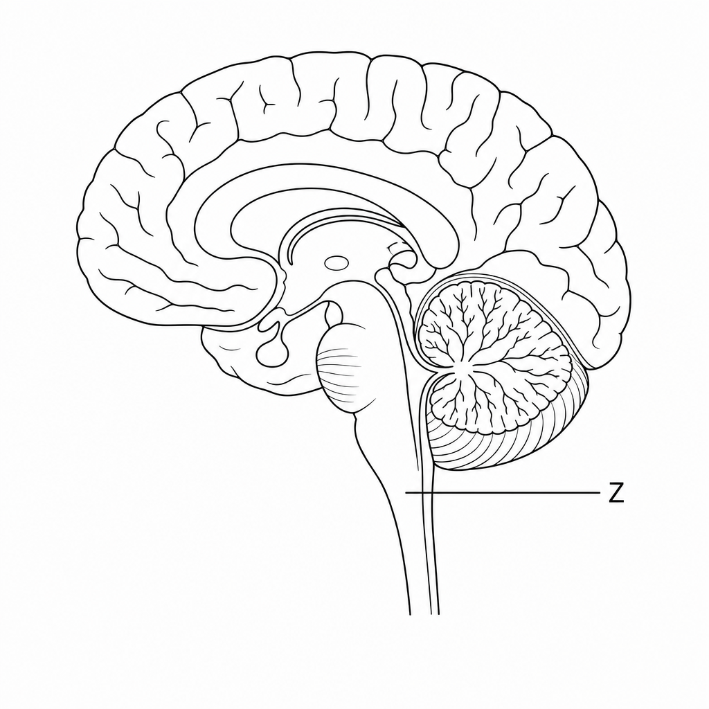 Figure 1: A sagittal section through a human brain, facing left, with a label Z pointing to a specific structure in the brainstem.