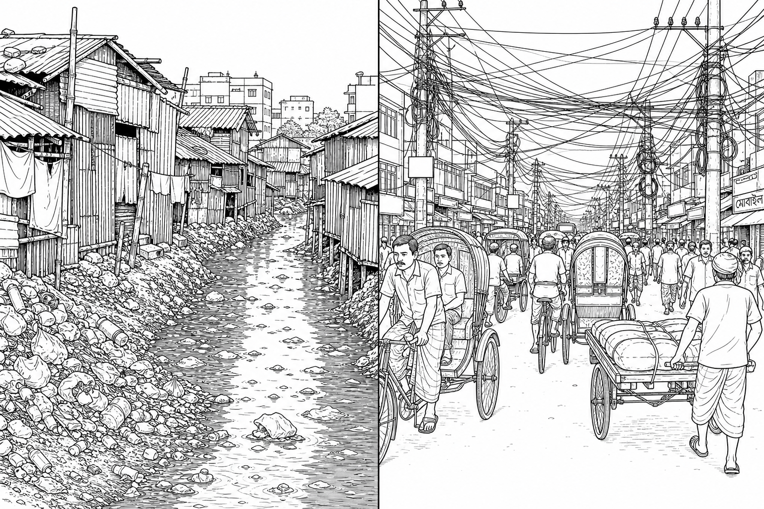 Fig. 3: Two photographs of street scenes in Dhaka, Bangladesh. Photograph A shows an informal settlement situated along a polluted, narrow canal; dwellings are built densely out of corrugated metal sheets, bamboo poles, and scrap materials, with visible piles of uncollected plastic waste and rubbish on the dirt banks. Photograph B shows a highly congested street choked with hundreds of manual cycle-rickshaws, pedestrians, and hand-pulled carts carrying goods, underneath a chaotic, low-hanging web of exposed electrical power lines and telecommunication cables on worn concrete poles.