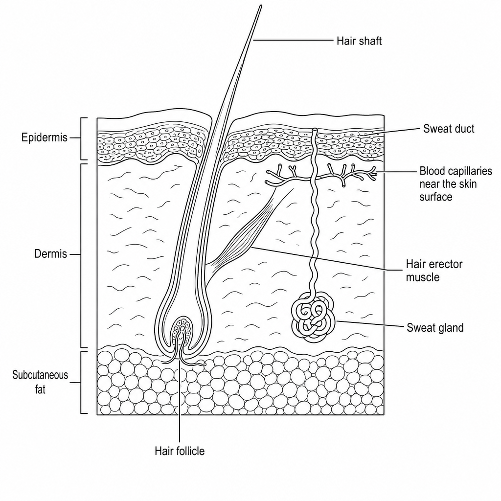 A detailed cross-sectional diagram of human skin showing the different layers: epidermis, dermis, and subcutaneous fat. It labels key structures: hair, hair erector muscle, sweat gland, sweat duct, and blood capillaries near the skin surface.