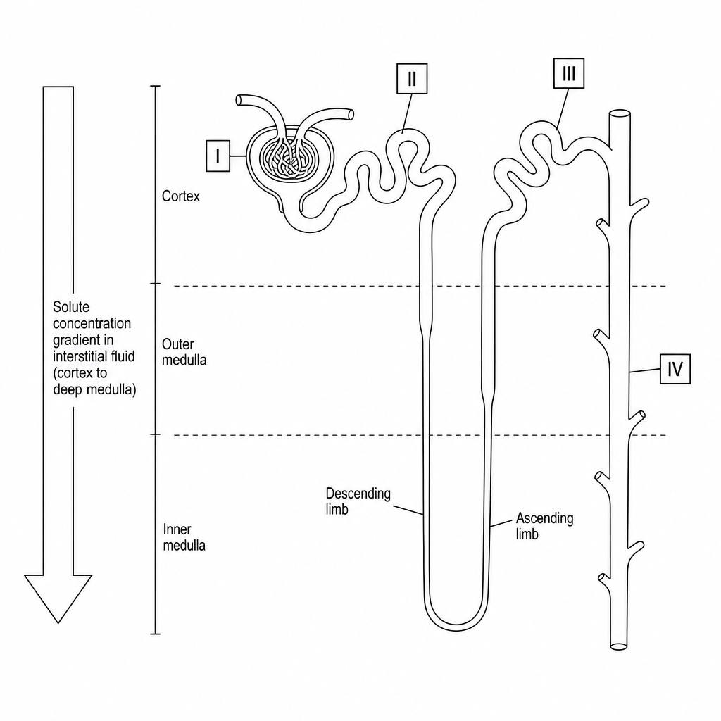Anatomical structure of a single mammalian nephron showing regions I, II, III, and IV, and a medullary concentration gradient arrow.