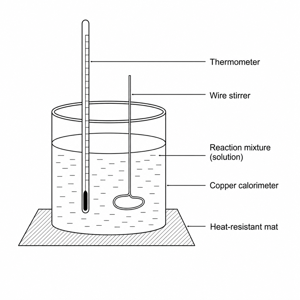 Experimental setup of a solution calorimetry experiment with a copper calorimeter.