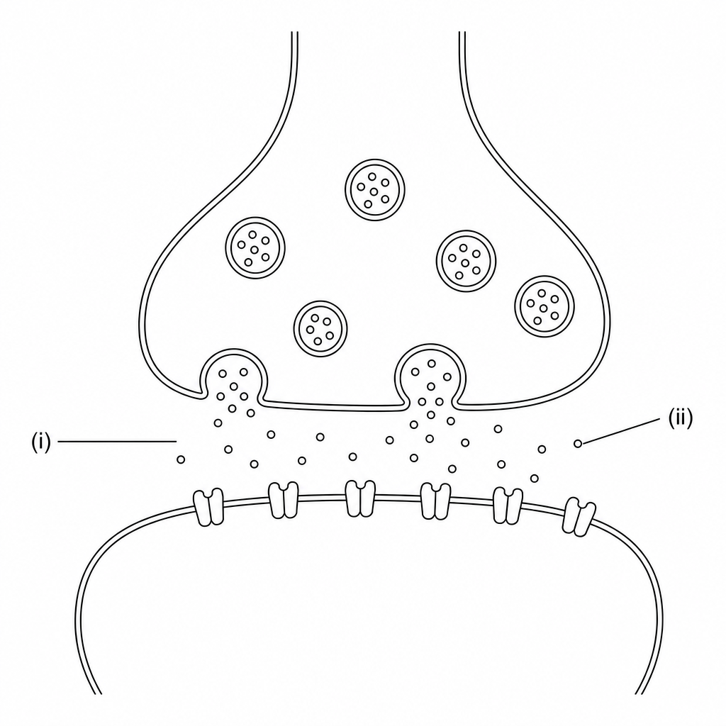 Diagram of synaptic transmission with labels (i) and (ii)