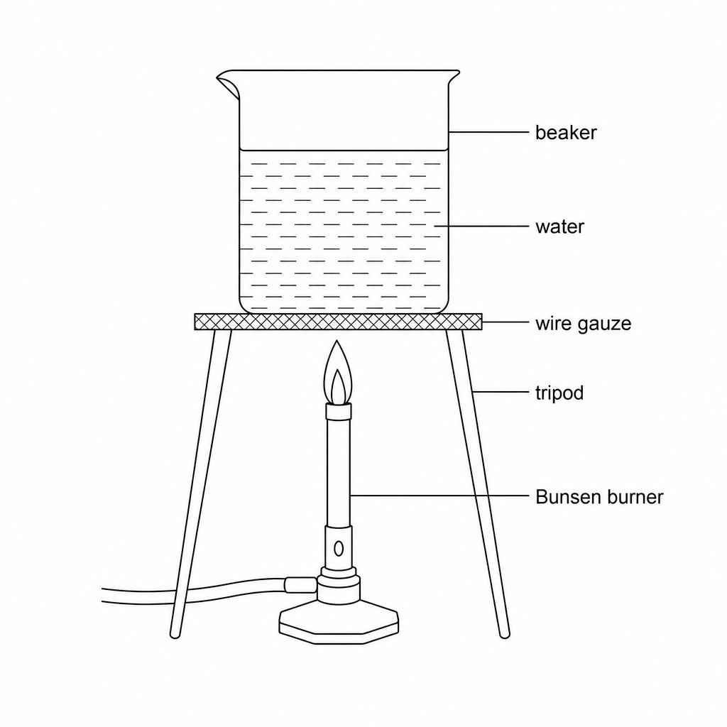A beaker filled with water sits on a tripod and gauze above a lit Bunsen burner.