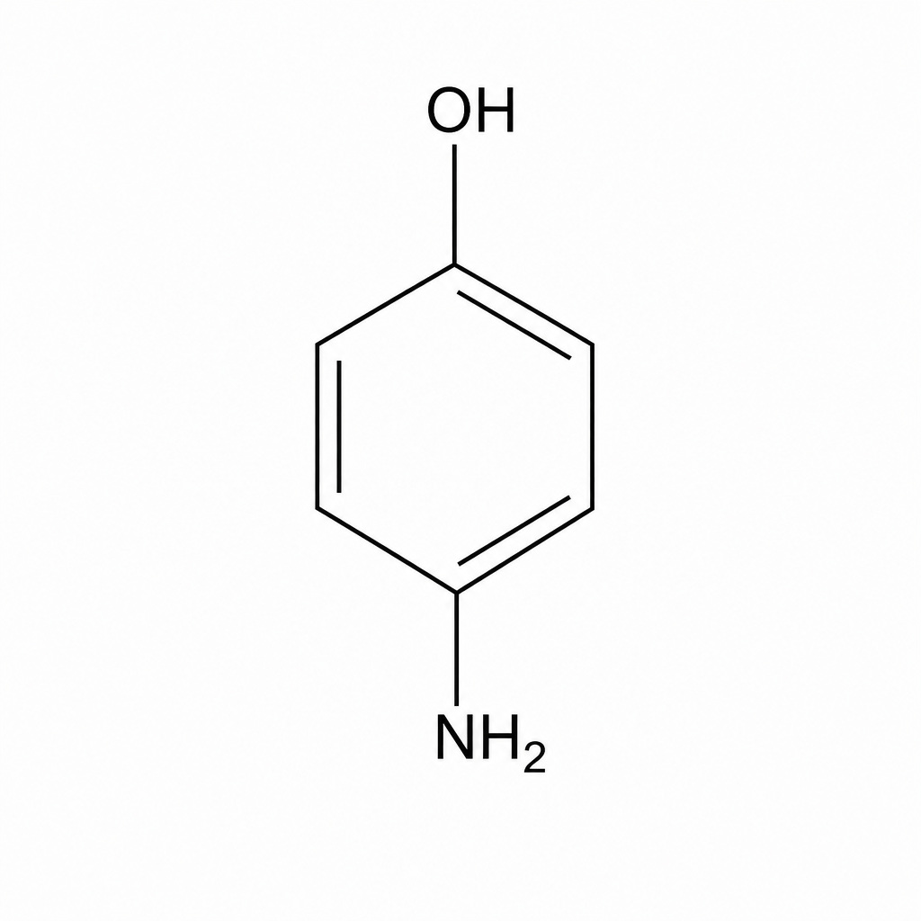 A skeletal structure representation of 4-aminophenol. It consists of a vertical six-membered benzene ring. Attached to the top vertex (carbon 1) is a hydroxyl group, labeled OH. Attached to the bottom vertex (carbon 4) is an amino group, labeled NH2.