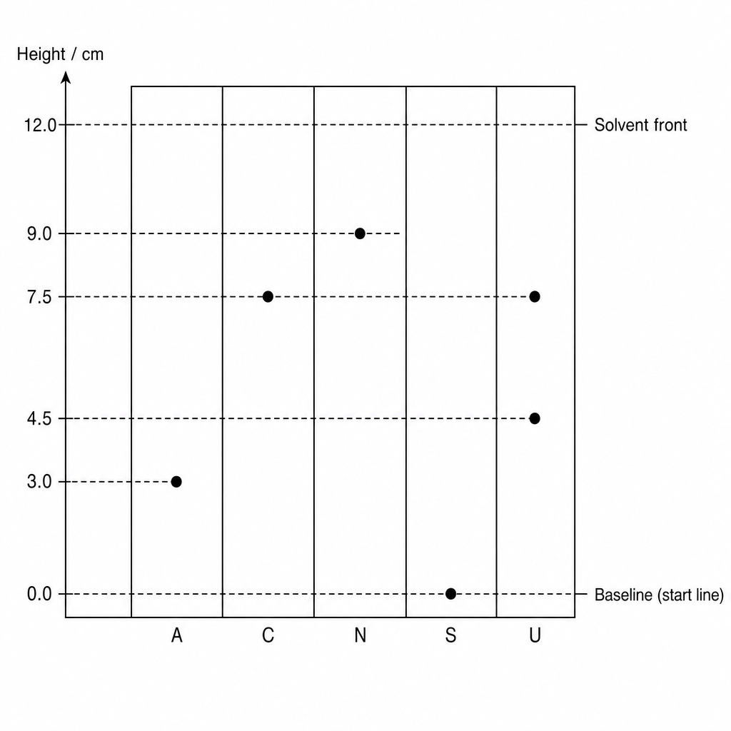 A thin-layer chromatogram showing lanes A, C, N, S, and U with their corresponding spot heights and a vertical axis in cm.