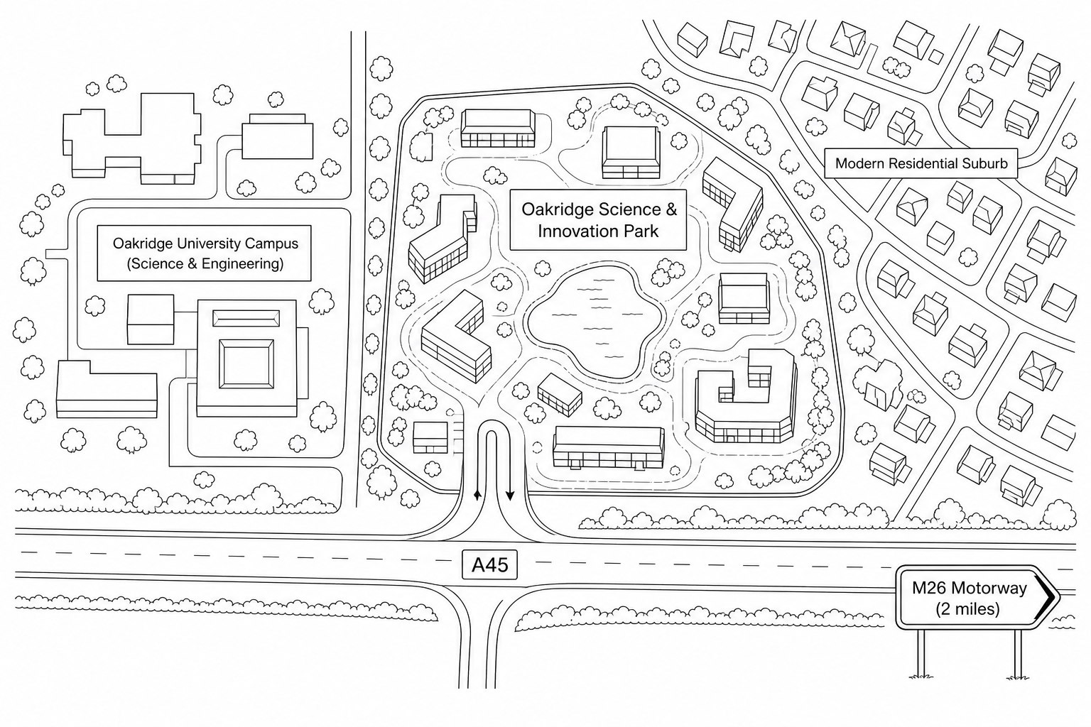 Map showing Oakridge Science & Innovation Park located on the edge of a major town.