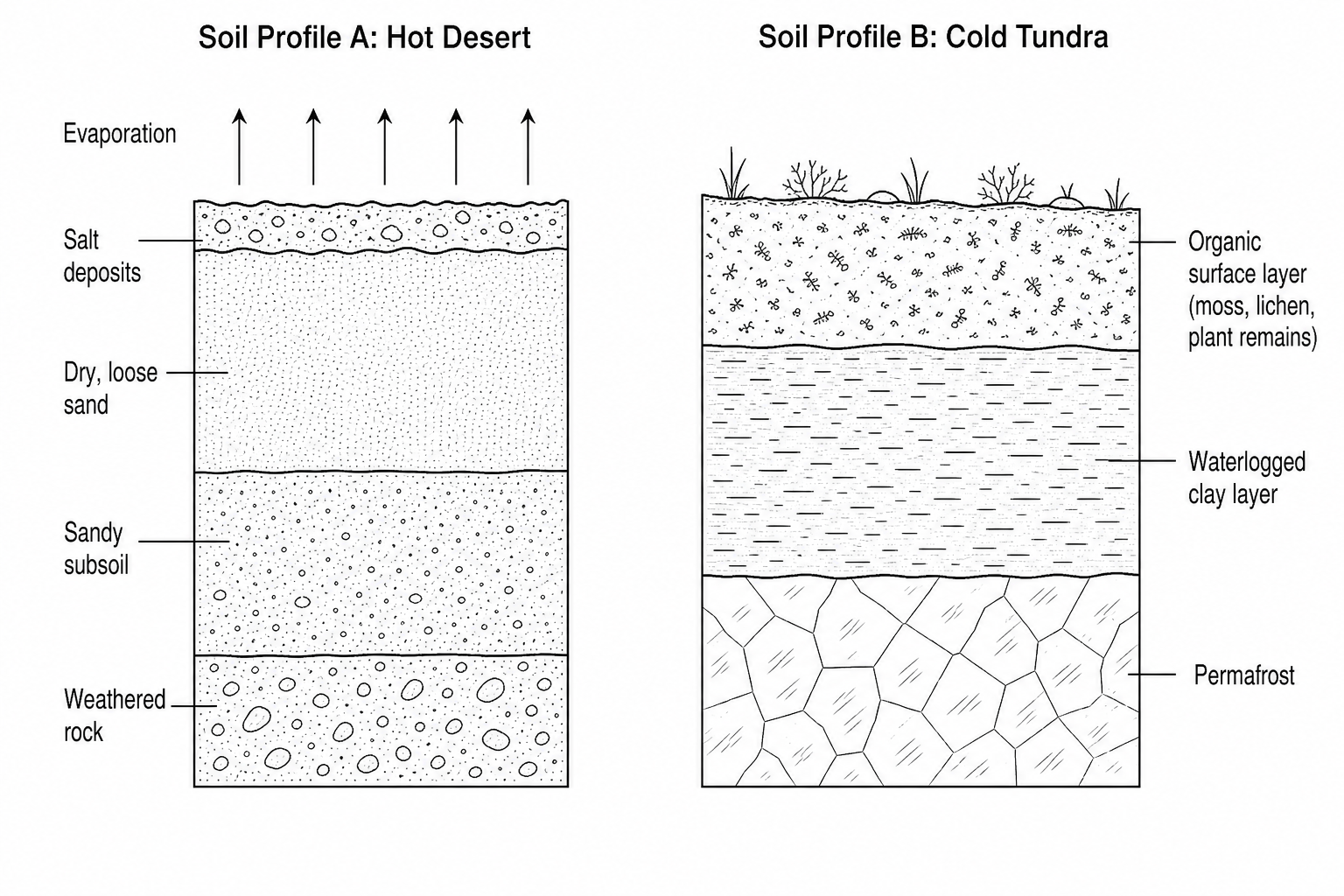 Figure 14: Two soil profiles showing Soil Profile A from a hot desert and Soil Profile B from a cold tundra.