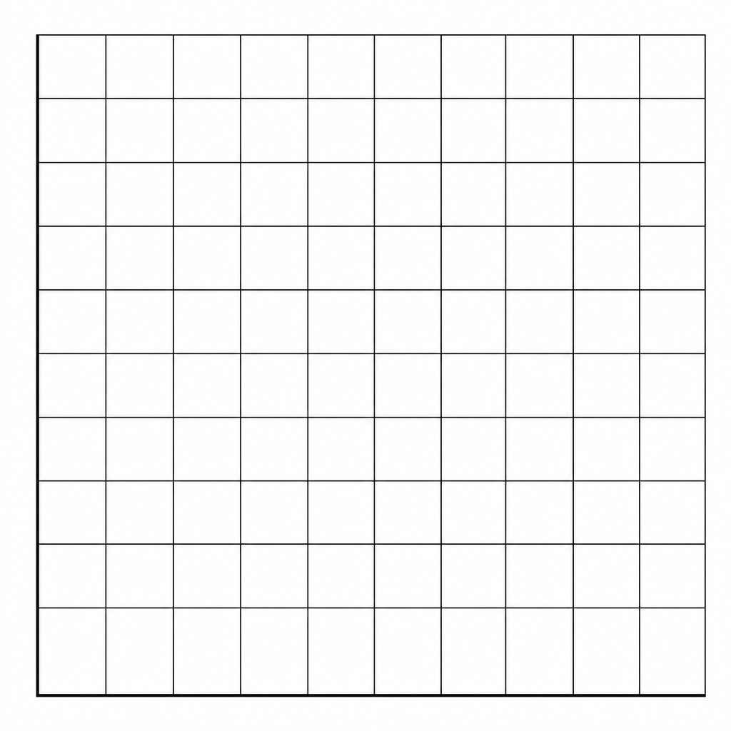 A blank graph grid featuring 10x10 major grid squares with horizontal and vertical axes lines prepared for scaling and labeling.