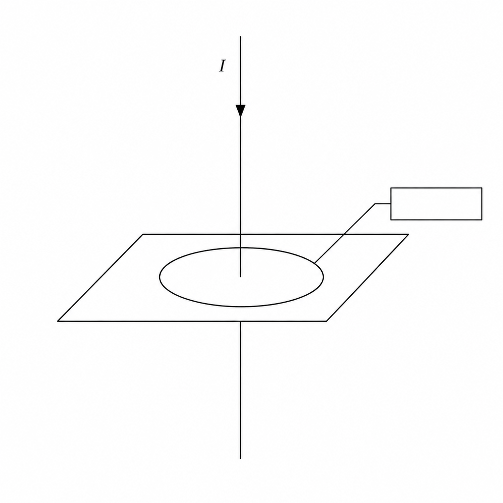 A diagram showing a straight wire passing vertically downwards through a square piece of horizontal cardboard. An arrow on the wire represents the current, pointing vertically downwards. A single concentric circle representing a magnetic field line is drawn on the cardboard around the wire. There is an empty box with a prompt pointing to the field line.