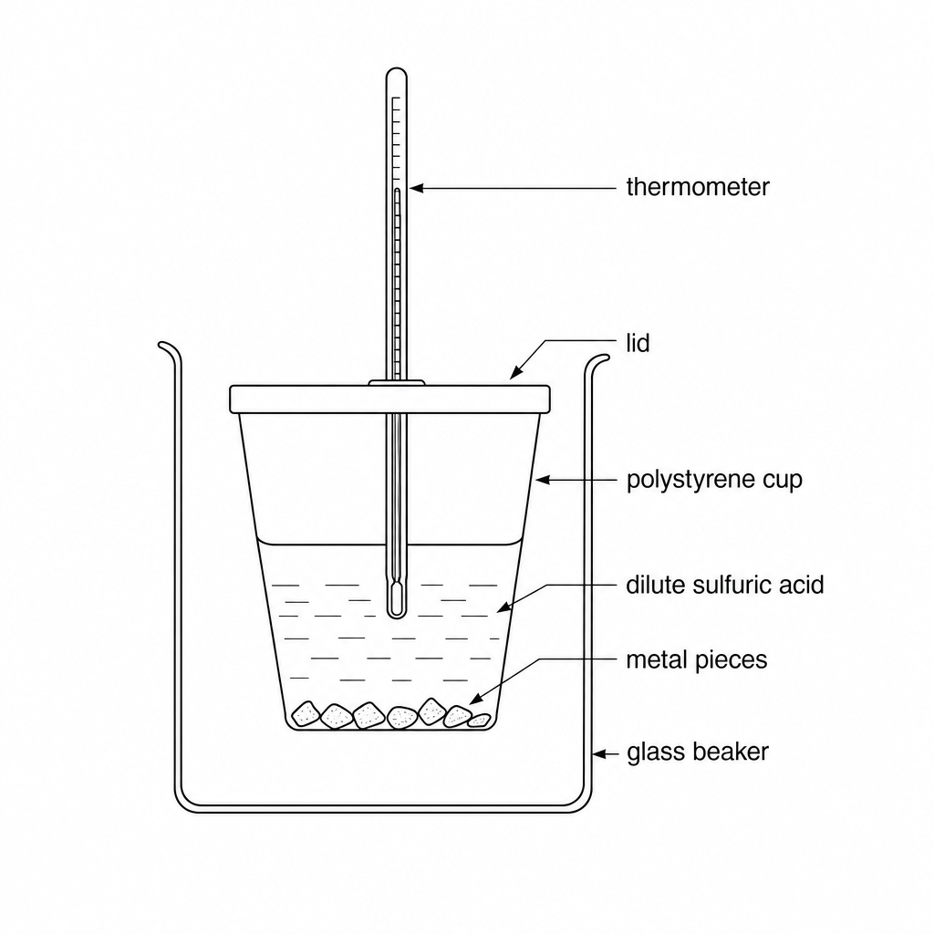 A thermometer is held inside a polystyrene cup containing metal pieces mixed with dilute sulfuric acid. The cup sits insulated within a small beaker.