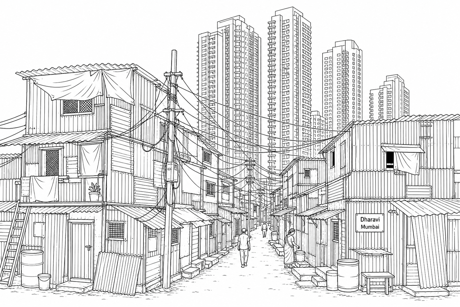 A photograph of Dharavi, a large informal settlement in Mumbai, India. Densely packed, multi-storey houses made from makeshift materials like corrugated metal sheets, wood, and tarpaulin are crowded together along narrow pathways. In the immediate background, modern, high-rise luxury apartment blocks tower over the settlement, illustrating a sharp contrast in wealth. Tangled overhead electrical cables run between buildings, and small-scale informal workshops are visible at the ground level.