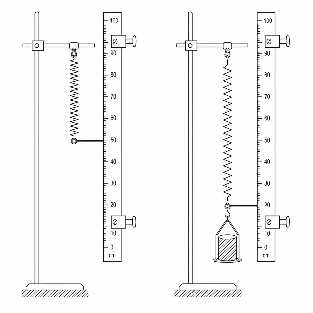 Figure 1: On the left, a spring is suspended vertically from a clamp stand next to a vertical metre ruler, with a pointer showing the position of the unloaded spring. On the right, a mass hanger is added to stretch the spring, and the pointer indicates its new position.