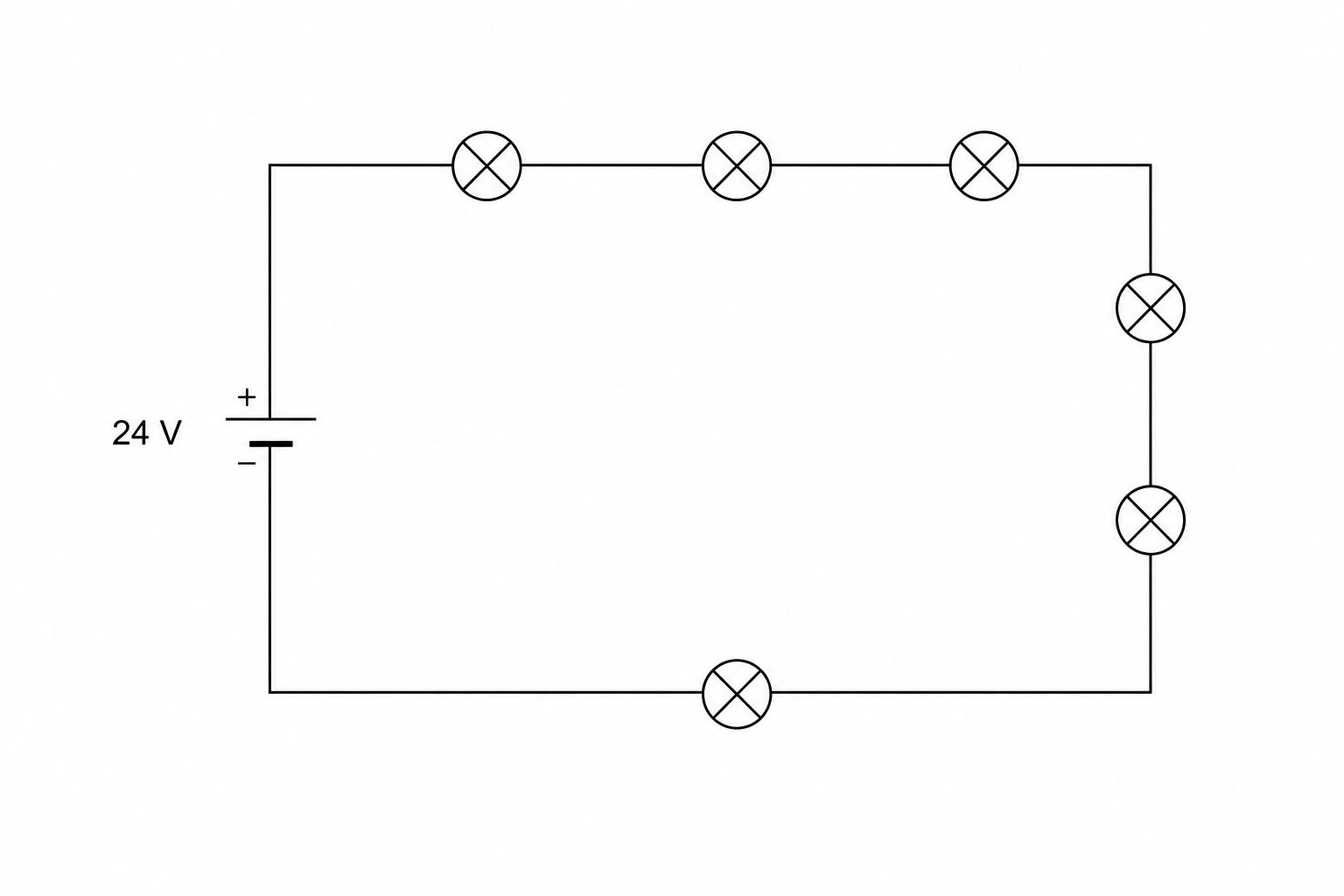 A circuit diagram showing six identical indicator lamps connected in series across a 24 V DC power supply source.