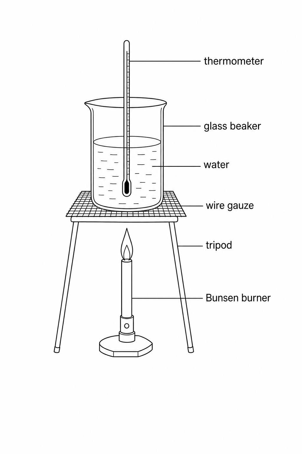 A schematic diagram of the experimental setup showing a glass beaker containing water supported on a wire gauze on a tripod above a Bunsen burner. A thermometer is placed in the water. There is no lid on the beaker and no insulation around the sides of the glass beaker.