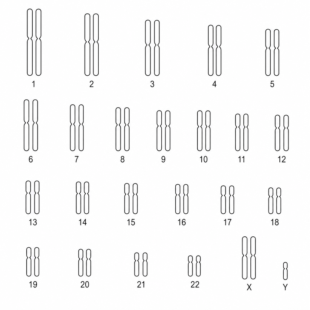 A human karyogram showing 22 pairs of autosomes, two X chromosomes, and a single Y chromosome.