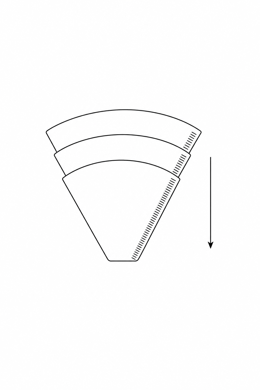 A stack of three nested paper coffee filters falling vertically downwards with the flat base at the bottom.