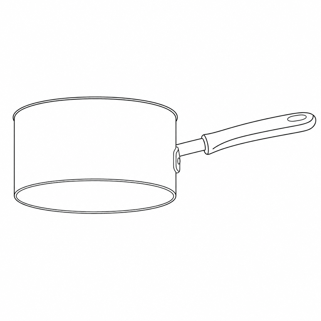 A metal saucepan with a distinct reddish-brown copper bottom and a black insulated handle.