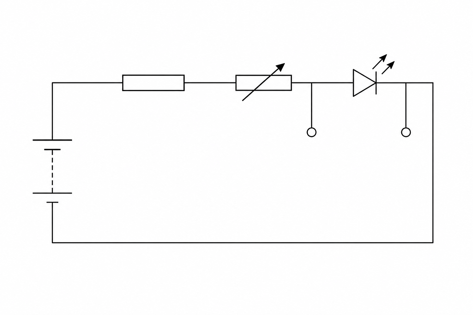 Circuit diagram with cell, fixed resistor, variable resistor, and LED