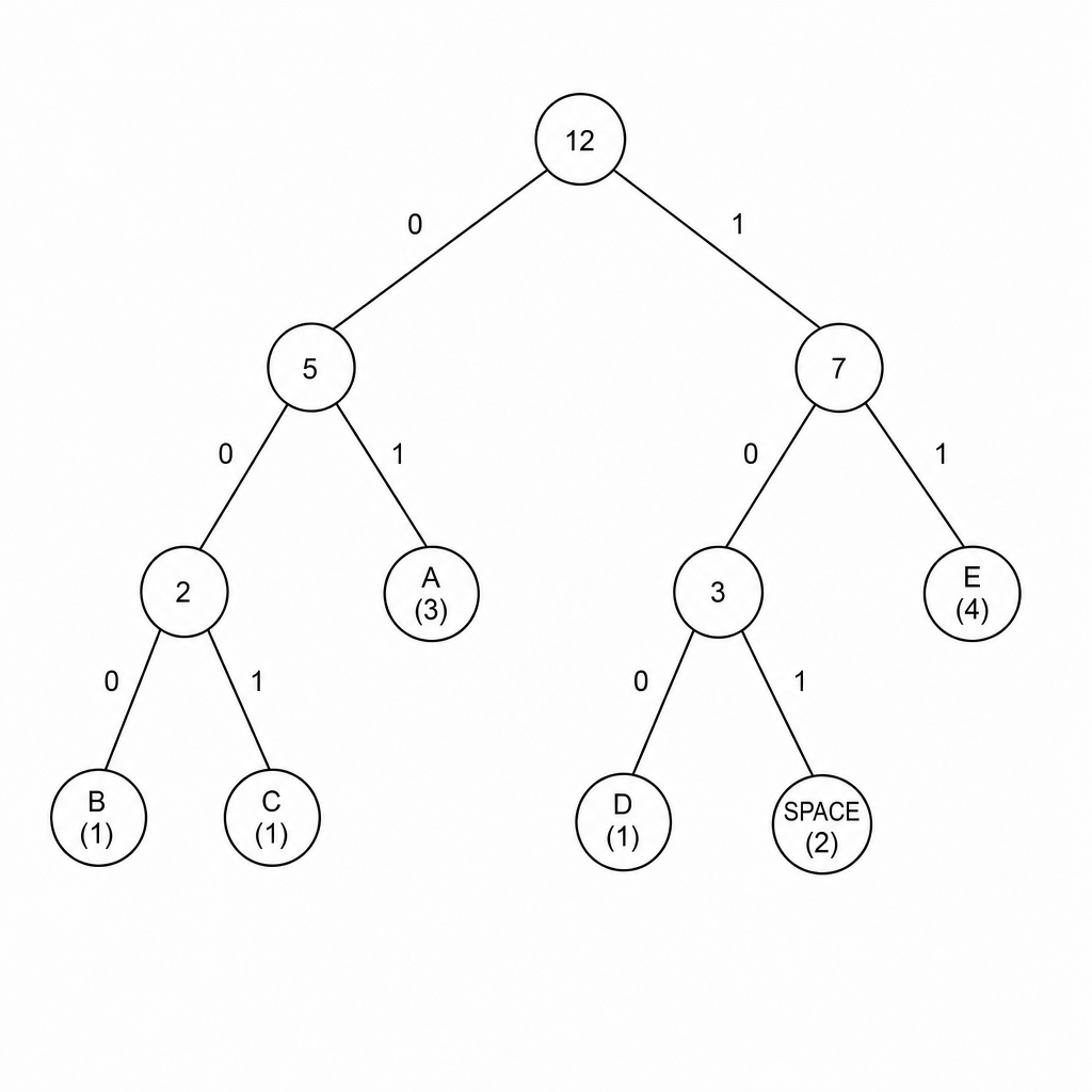 Huffman tree diagram for the characters A, B, C, D, SPACE, and E.