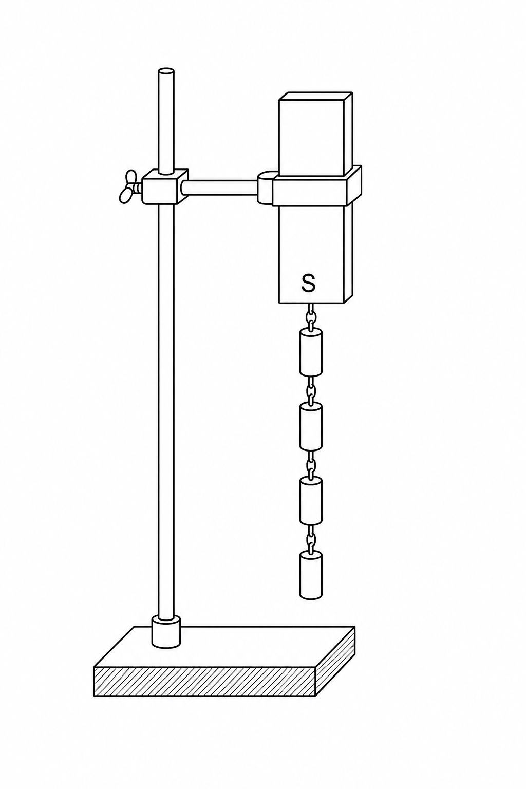Figure 1: A permanent magnet is held by a clamp, with a chain of four soft iron rivets hanging from its South (S) pole.