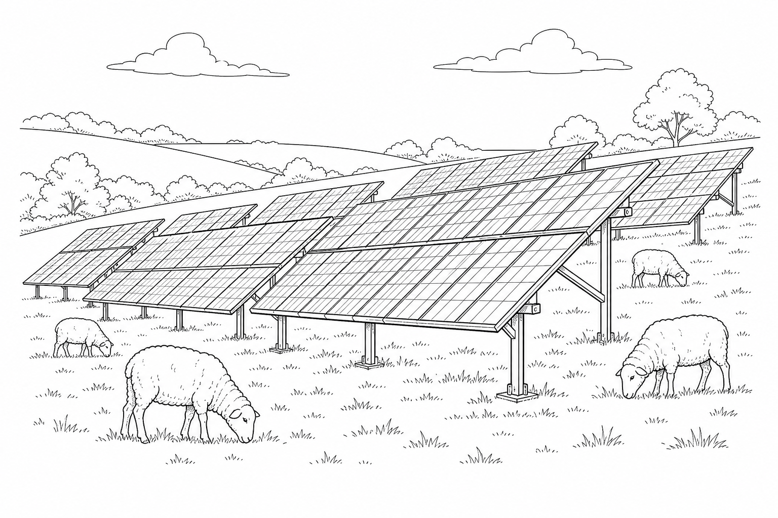 Figure 2: A large array of dark blue photovoltaic solar panels mounted on metal frames across a green, sloping field. A small flock of sheep is grazing on the grass beneath and around the panels under a bright, sunny sky.