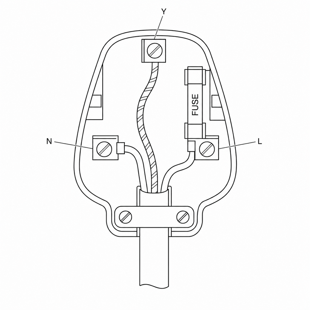 A diagram of a UK three-pin plug with the cover removed. The three wires are visible: a green-and-yellow striped wire connected to the top terminal and labelled Y, a blue wire connected to the bottom-left terminal, and a brown wire connected to the bottom-right terminal next to a fuse.