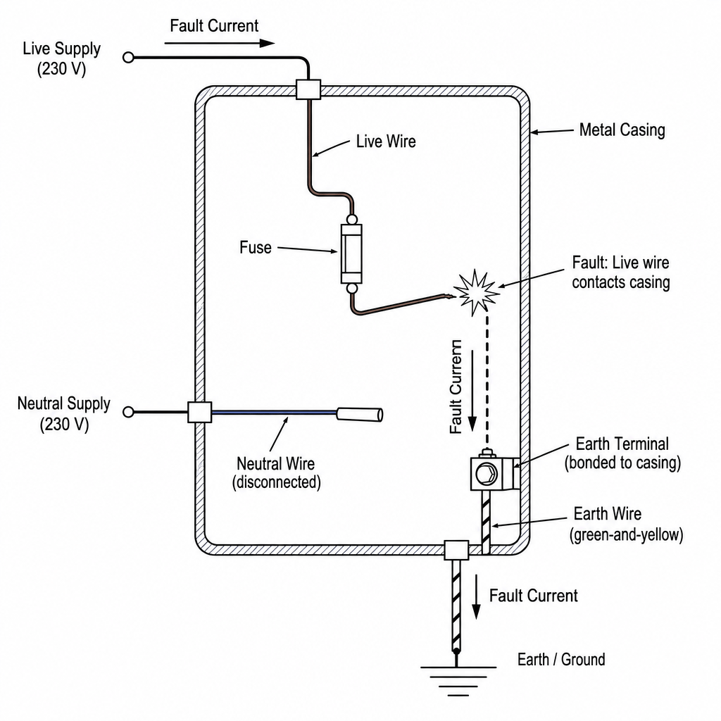 Figure 1: Schematic showing a live wire fault in a metal-cased grinder.