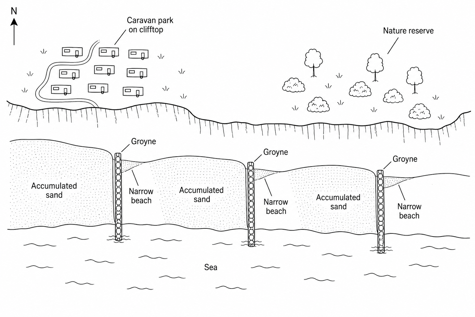 Figure 2: A sketch map of a coastal management scheme at Westbay. The coastline runs from west to east. There is a caravan park on the clifftop to the west, and a nature reserve to the east. Three groynes project from the beach into the sea. On the western side of each groyne, there is a wide, substantial accumulation of sand. On the eastern side of each groyne, the beach is very narrow. A compass arrow pointing to the top of the map indicates North is up.
