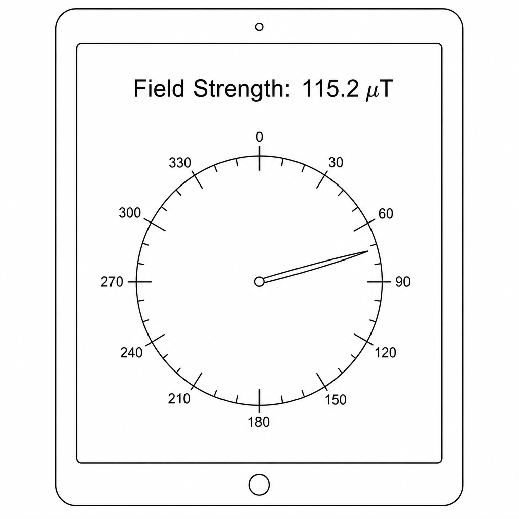 Figure 2: Tablet screen displaying the digital magnetometer app after the magnet is placed nearby. It shows a digital reading of 'Field Strength: 115.2 μT' and a circular compass dial with a needle pointing to 78°.
