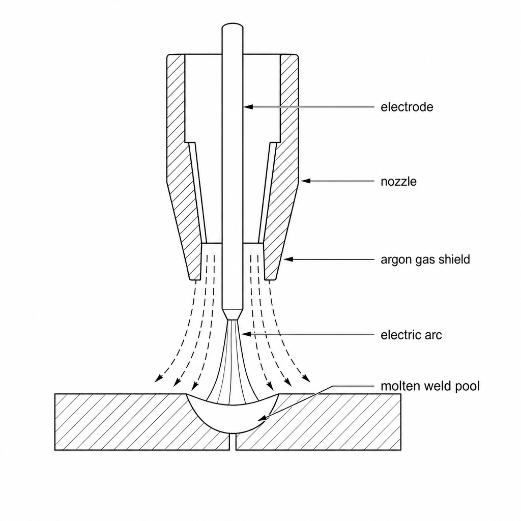 Diagram showing a welding torch. The electrode is in the center, surrounded by a flow of argon gas shielding the molten weld pool on the steel plates.