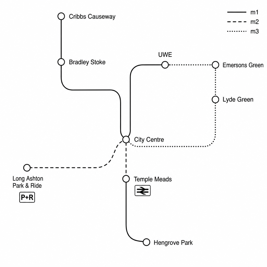 A simplified route map of the Bristol MetroBus network showing three routes: m1, m2, and m3. The m1 route runs north to south, connecting Cribbs Causeway (a major out-of-town retail and entertainment hub) in the north-west, through Bradley Stoke (residential suburb), the University of the West of England (UWE campus), the City Centre, and ending at Hengrove Park (residential and community hospital site) in the south. The m2 route links Long Ashton Park & Ride in the south-west directly to the City Centre and Temple Meads Railway Station. The m3 route links Emersons Green (residential area and Science Park) in the east, through Lyde Green and UWE, to the City Centre. Transport interchange icons are shown at Temple Meads and the Park & Ride. Only key stops are labeled, showing dedicated bus lanes and priority signaling along major roads.