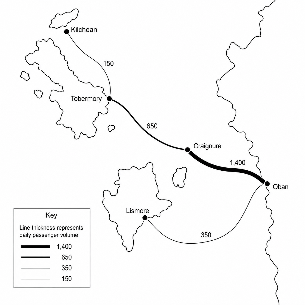 Figure 3: A flow-line map showing daily ferry passenger volumes between island ports in western Scotland. The key indicates flow line thickness represents passenger volume. The routes are annotated with the following data: Oban to Craignure has a thick line annotated with 1,400 daily passengers; Craignure to Tobermory has a medium-thick line annotated with 650 daily passengers; Oban to Lismore has a thin line annotated with 350 daily passengers; Tobermory to Kilchoan has a very thin line annotated with 150 daily passengers.
