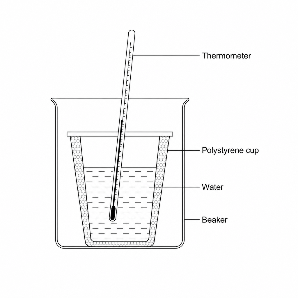 Diagram showing a thermometer resting inside a polystyrene cup containing water, which is supported inside a glass beaker for stability.