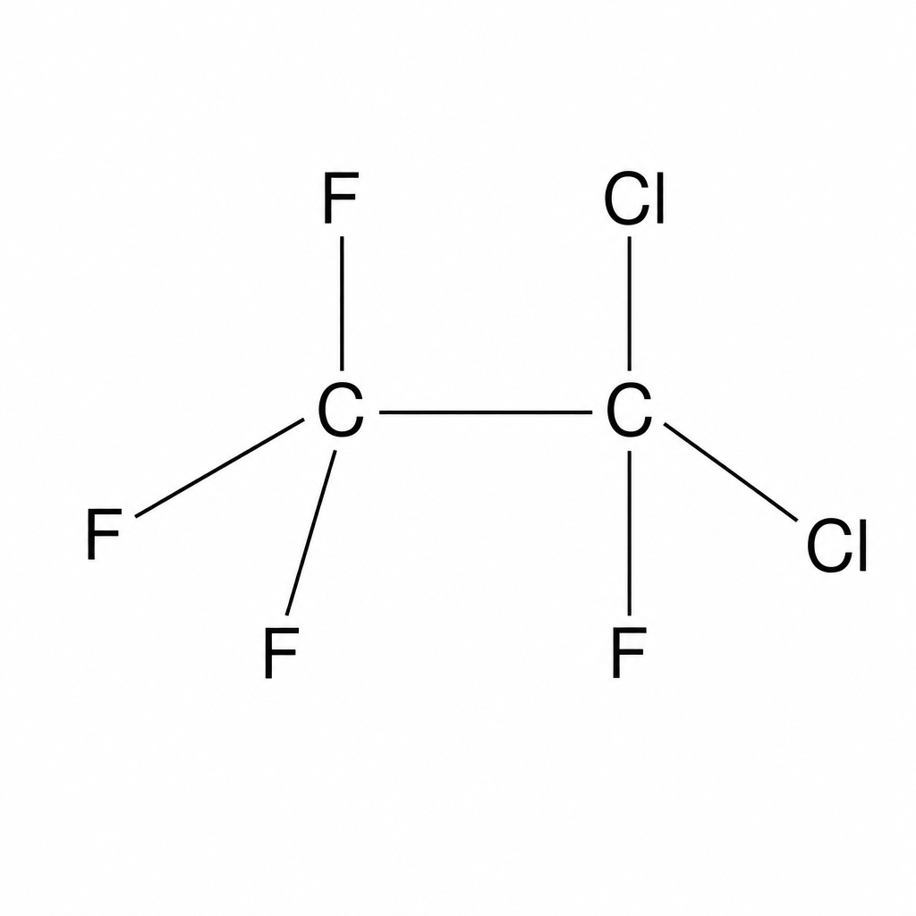 A Lewis structure representing a chlorofluorocarbon (CFC) molecule. It has a central two-carbon single bond (C-C). The left carbon is bonded to three fluorine atoms (F). The right carbon is bonded to two chlorine atoms (Cl) and one fluorine atom (F).