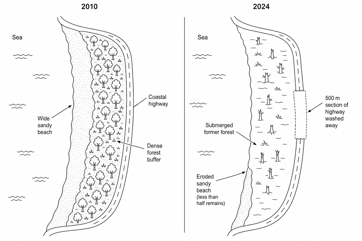 Figure 4b: Two maps comparing a low-lying coastal peninsula in 2010 and 2024. The 2010 map shows a wide sandy beach, a some forest buffer, and a coastal highway. The 2024 map shows that rising sea levels and intense wave action have submerged the forest, eroded more than half of the sandy beach, and washed away a 500-metre section of the highway.
