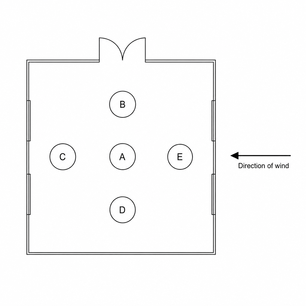 A top-down plan of five tomato plants labeled A, B, C, D, and E. Plant A is located in the center. Plant B is directly above (North) Plant A. Plant D is directly below (South) Plant A. Plant E is directly to the right (East) of Plant A. Plant C is directly to the left (West) of Plant A. An arrow pointing from right to left is labeled 'Direction of wind'.