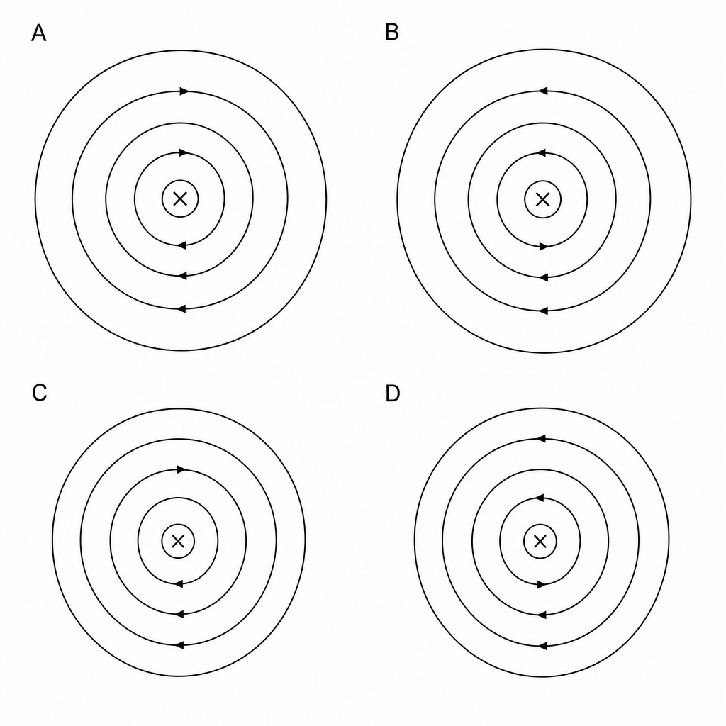 Magnetic field patterns around a wire carrying current into the page