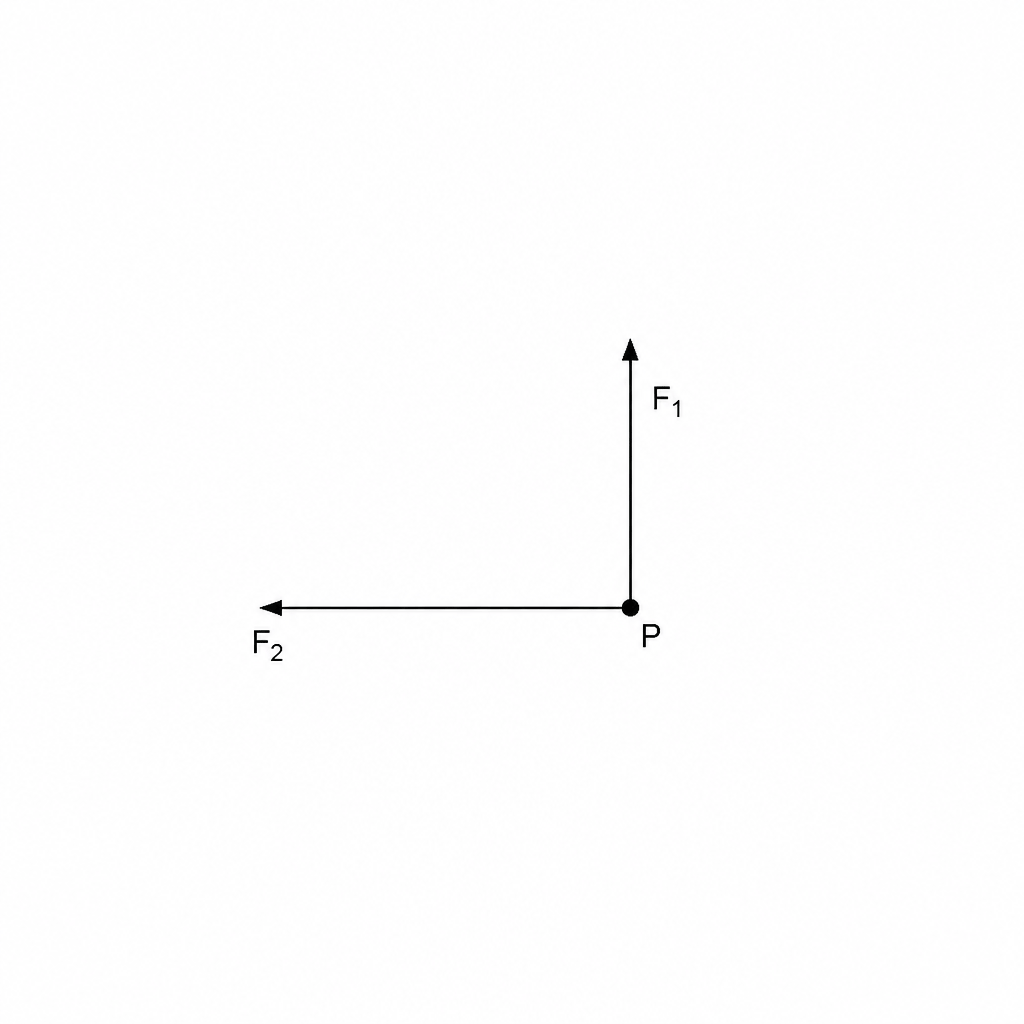 Figure 1: A vector diagram showing two perpendicular forces acting on point P. Force F1 is a vertical vector of magnitude 60 N pointing upwards. Force F2 is a horizontal vector of magnitude 80 N pointing to the left.