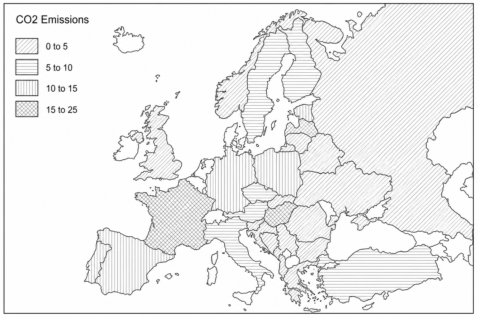 Figure 1: A choropleth map showing CO2 emissions across Europe with hatching patterns, overlapping legend classes, and missing map components.