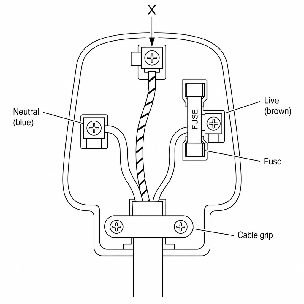 The internal wiring diagram of a standard UK three-pin plug. Label X points to the top terminal connection.