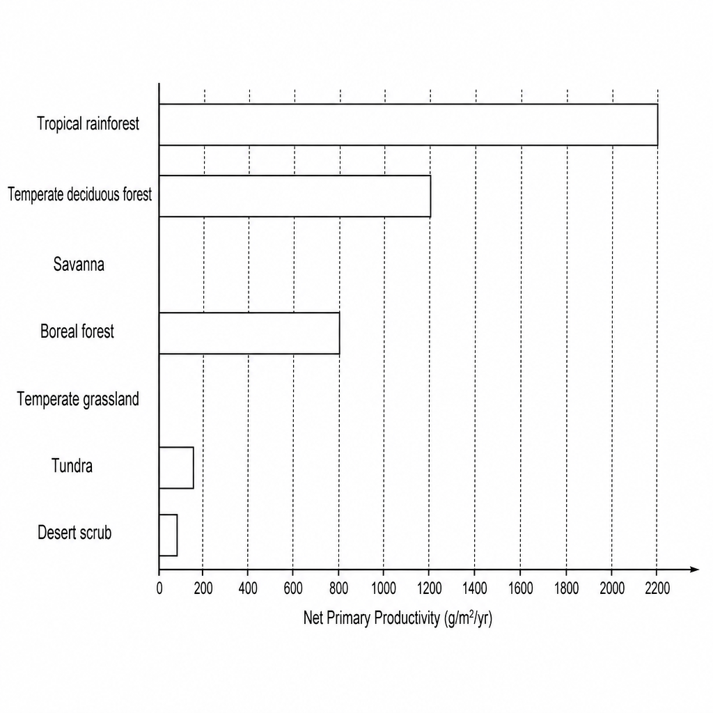 Figure 3: A horizontal bar chart showing average Net Primary Productivity (NPP) in grams per square metre per year (g/m²/yr) for selected ecosystems.