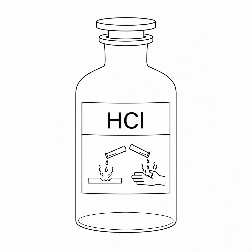 A diagram of a glass reagent bottle with a label that reads 'HCl' and displays a black and white corrosive hazard symbol showing liquid dripping onto a surface and a hand.