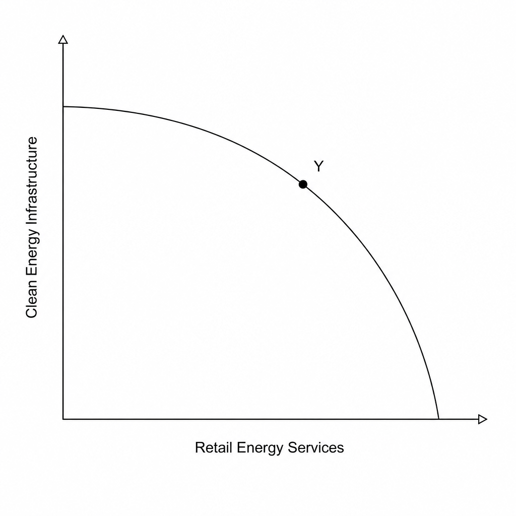 Production Possibility Frontier (PPF) showing clean energy infrastructure vs retail energy services