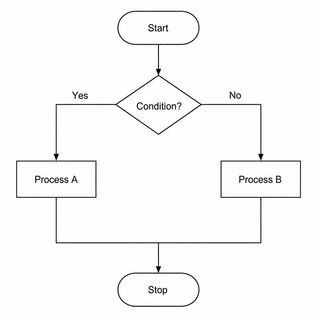 Programming flowchart showing Start, Condition decision box with Yes/No branches, Process A and B, and Stop