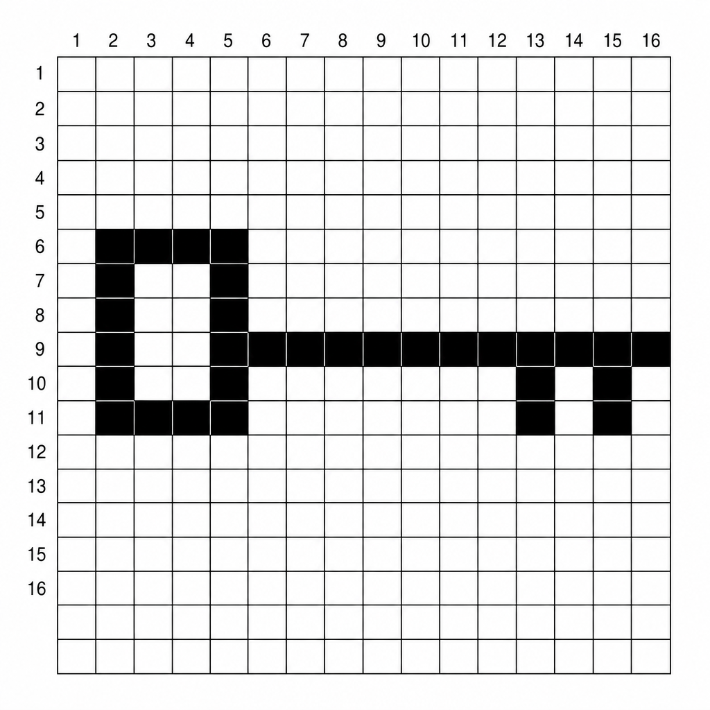 Figure 1: A 16x16 grid representing a pixelated retro key icon, currently black and white.